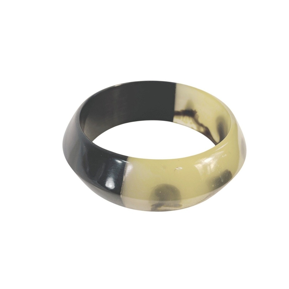 Vintage Chunky Mod Lucite Bangle Bracelet Black Amber Marbled Acrylic Statement - Picture 2 of 14